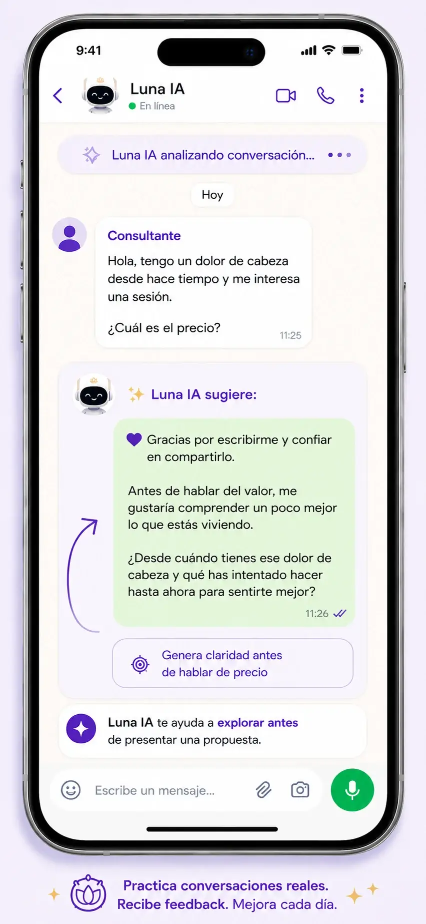 Ejemplo real de conversación entrenada con Luna IA sobre el precio de una sesión