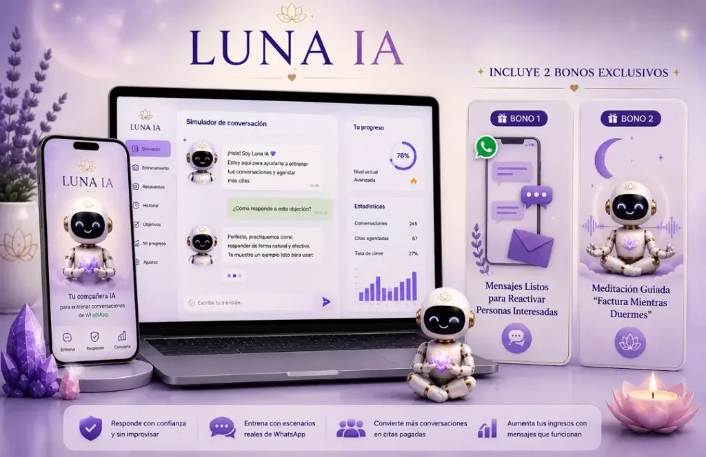 Luna IA en laptop y celular, incluye 2 bonos exclusivos